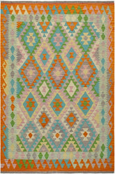 Flat Weave Kilim Antique Navaho Vintage handmade Geometric Kilim Beige Orange Hand-Woven Rectangle 100% Wool Area Rug 4x6